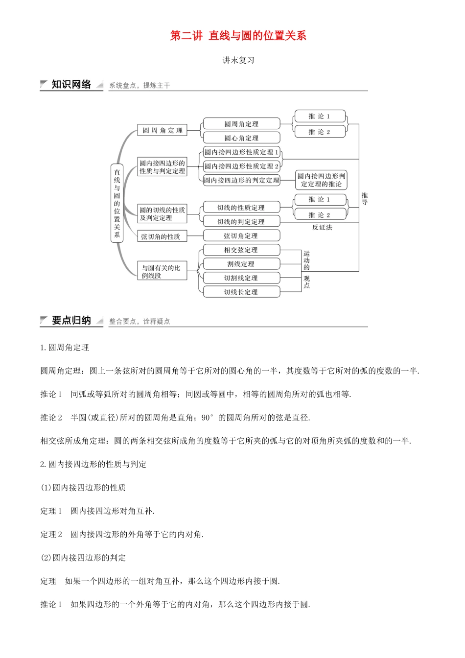 高中数学 第二讲 直线与圆的位置关系讲末复习学案 新人教A版选修4-1-新人教A版高二选修4-1数学学案_第1页
