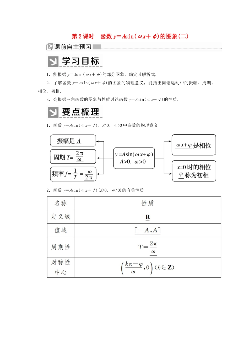 高中数学 第五章 三角函数 5.6.2 函数y＝Asin（ωx＋φ）的图象（二）学案 新人教A版必修第一册-新人教A版高一第一册数学学案_第1页