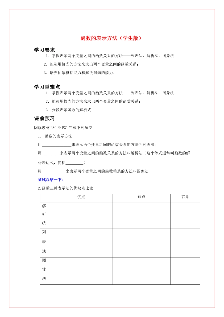 高中数学 第二章函数的表示方法导学案 苏教版必修1（学生版）_第1页