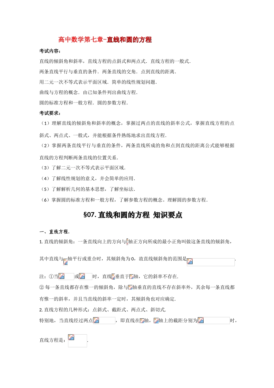 高中数学基础知识总结 第七章 直线和圆的方程_第1页