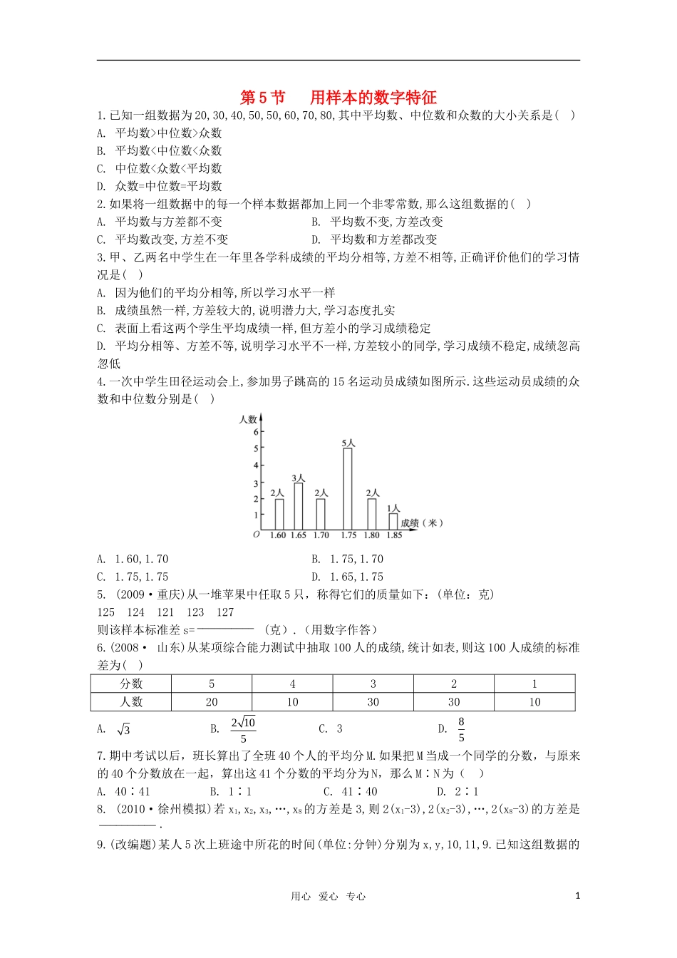 高中数学测评 用样本的数字特征学案 新人教A版必修3_第1页