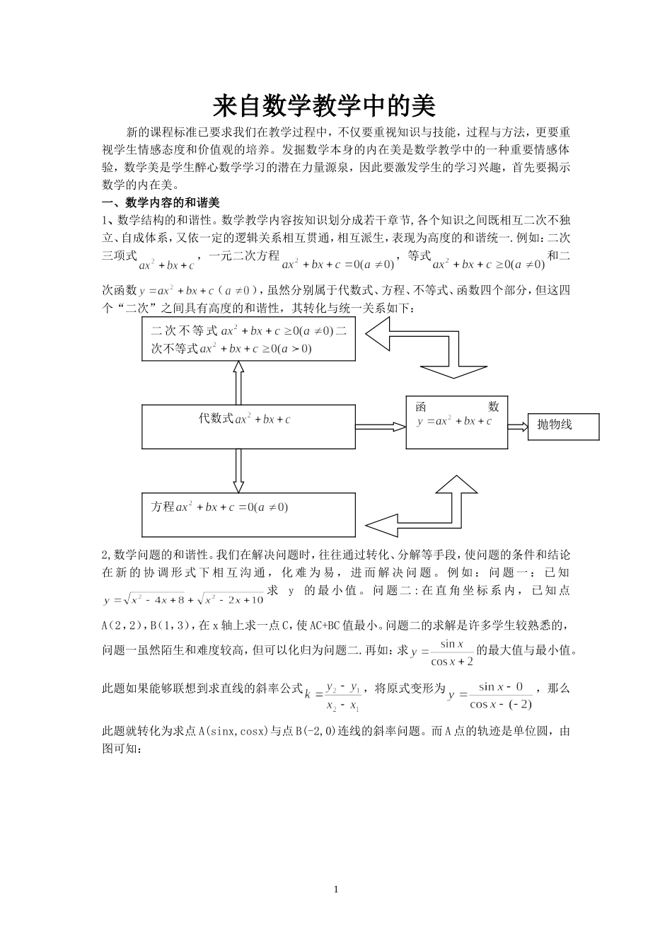 高中数学教研专题  来自数学教学中的美_第1页
