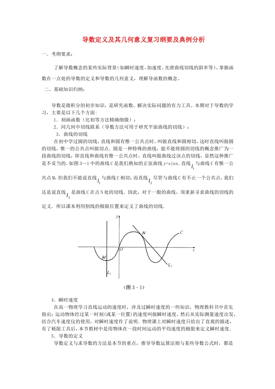高中数学素材：导数定义及其几何意义复习纲要及典例分析_第1页