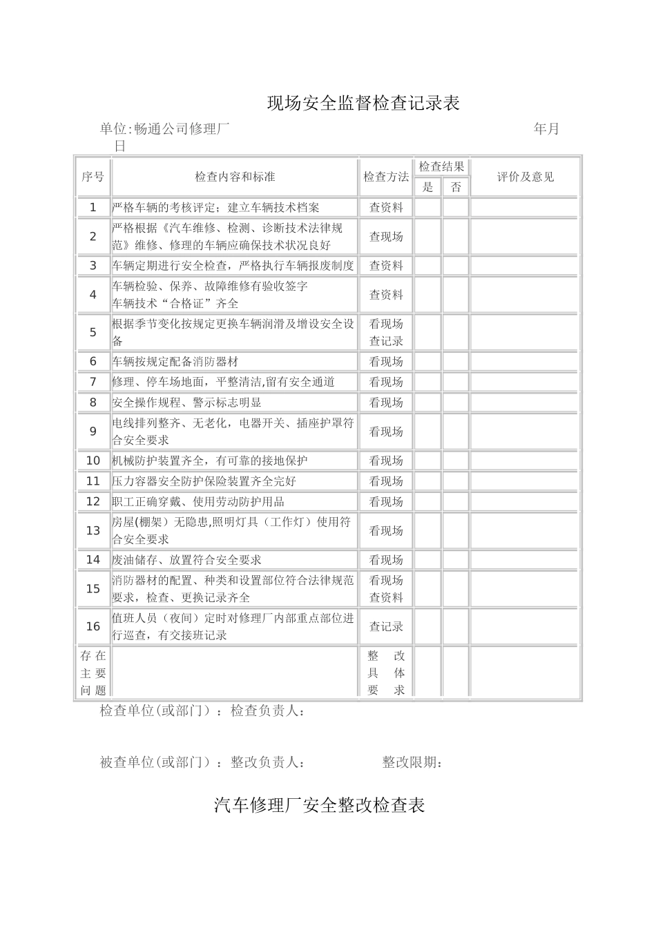 修理厂现场安全检查记录表_第1页