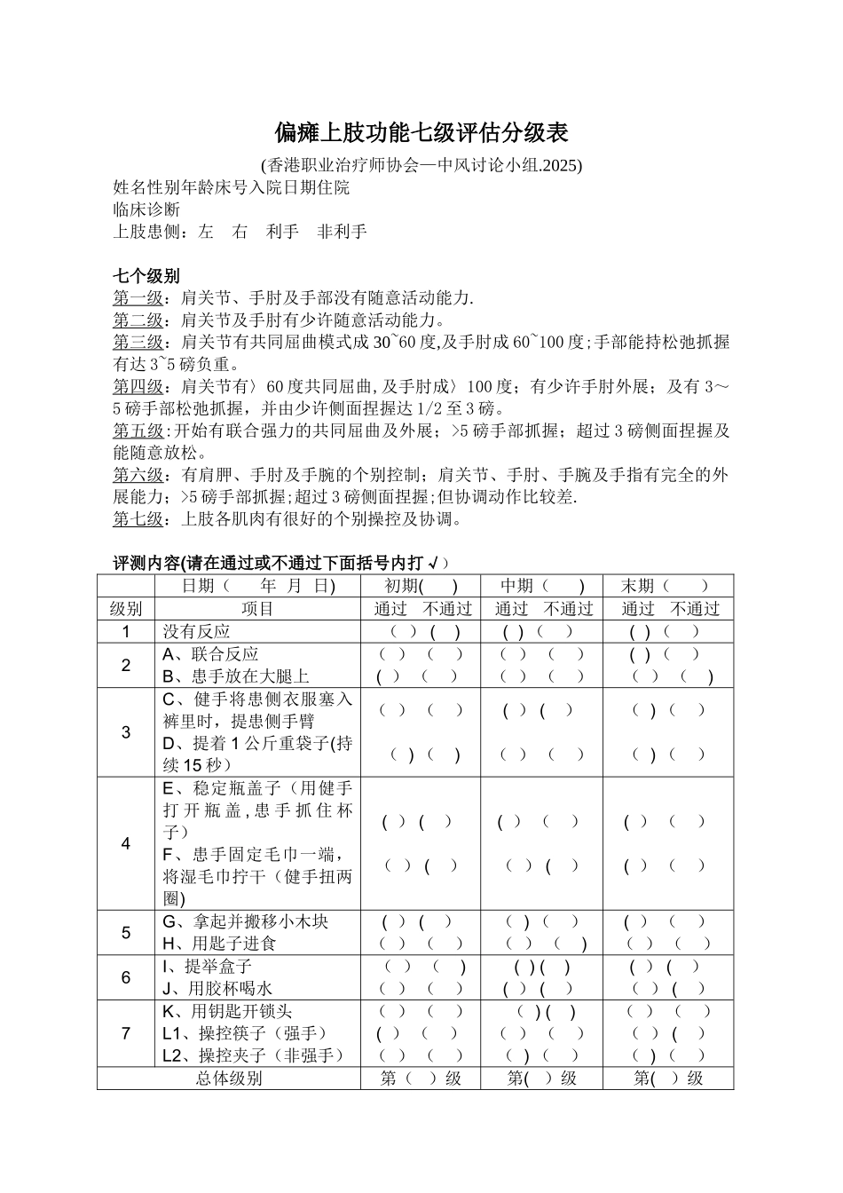 偏瘫上肢功能七级评估分级表_第1页