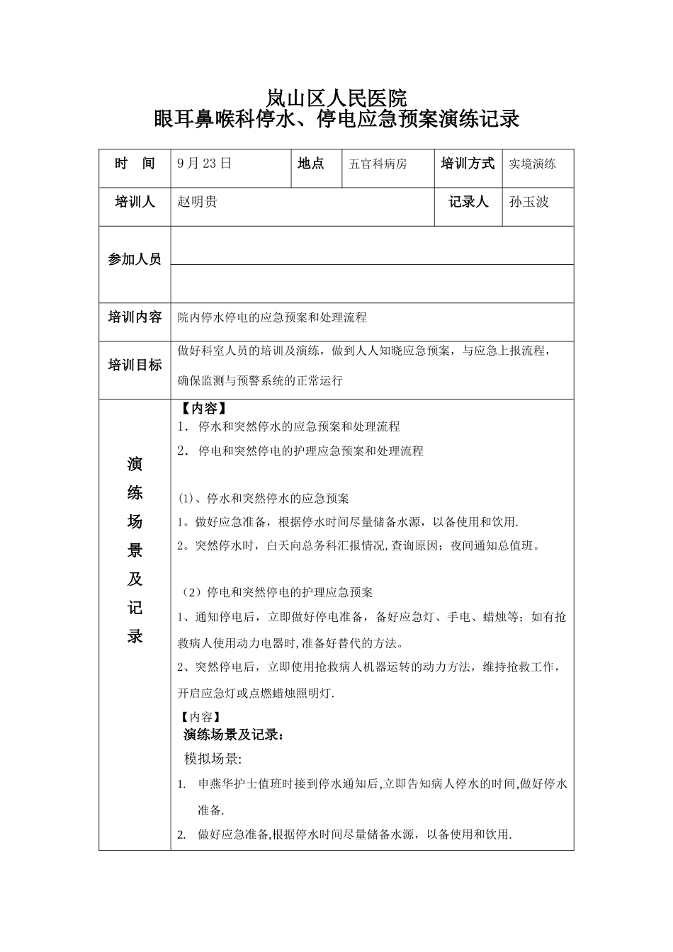 停水、停电应急预案演练记录_第1页