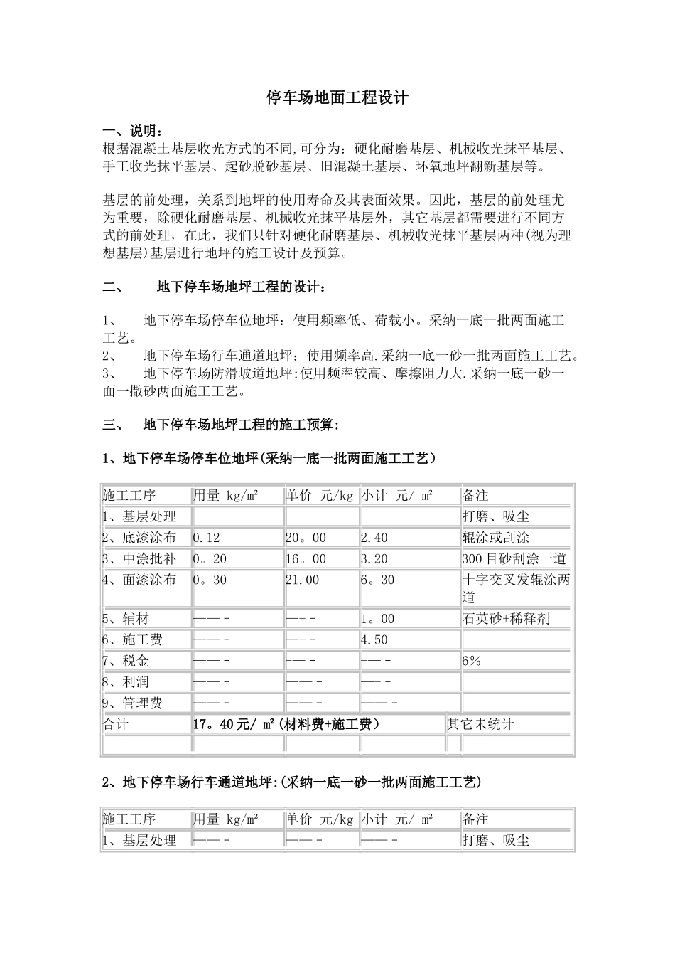 停车场地面工程施工设计预算表_第1页