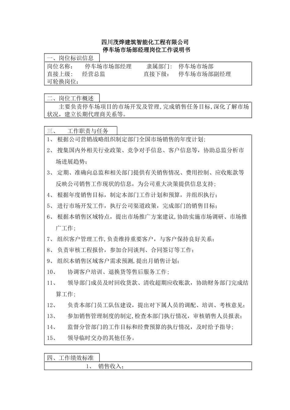 停车场市场部经理岗位说明书_第1页