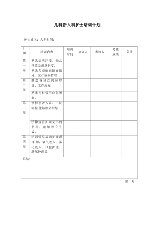 儿科新入科护士培训计划