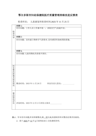 儿童康复科医疗质量管理持续改进反馈表