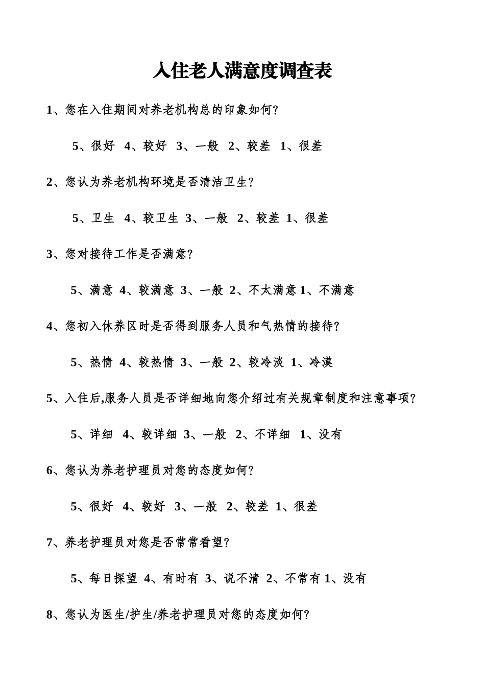 入住老人满意度调查表_第1页