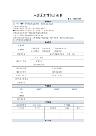 入园企业情况汇总表