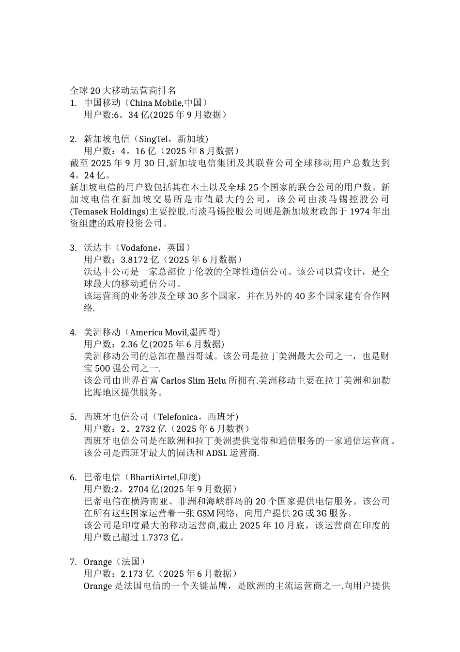 全球20大移动运营商排名_第1页