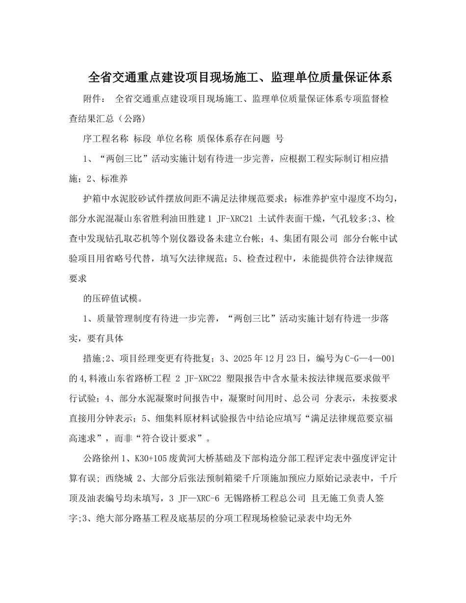 全省交通重点建设项目现场施工、监理单位质量保证体系_第1页