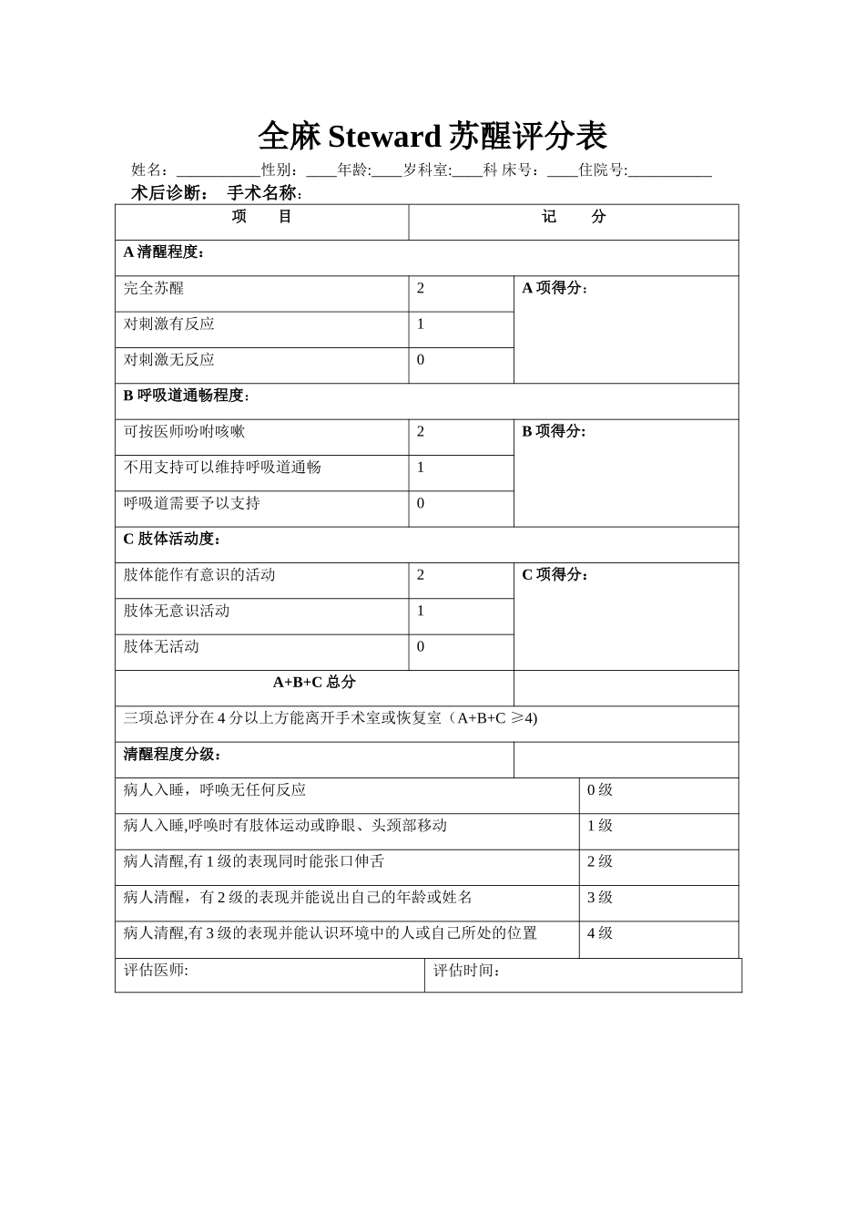 全身麻醉患者Steward-评分表_第1页