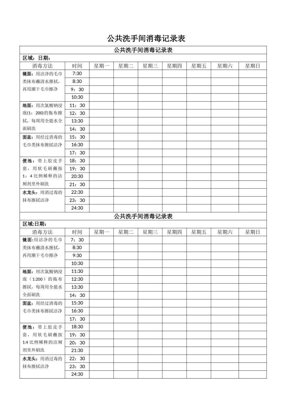 公共洗手间消毒记录表_第1页