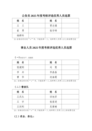 公务员2025年度考核评选优秀人员选票