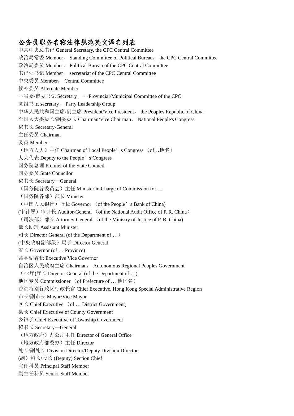 公务员职务名称规范英文译名列表_第1页