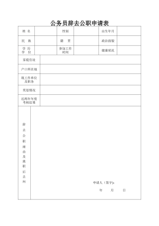 公务员辞去公职申请表20255