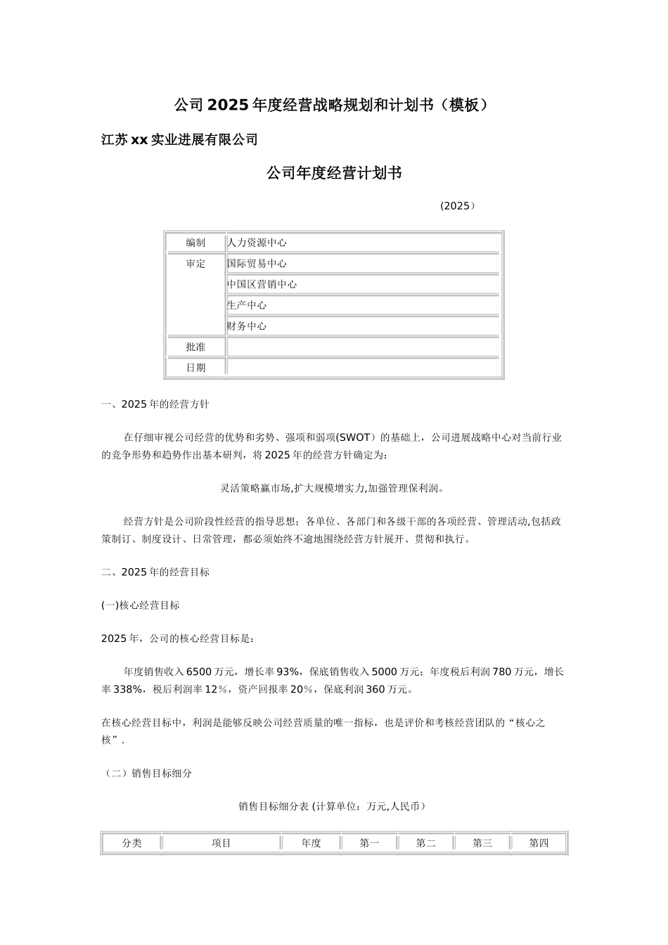 公司2012年度经营战略规划和计划书_第1页