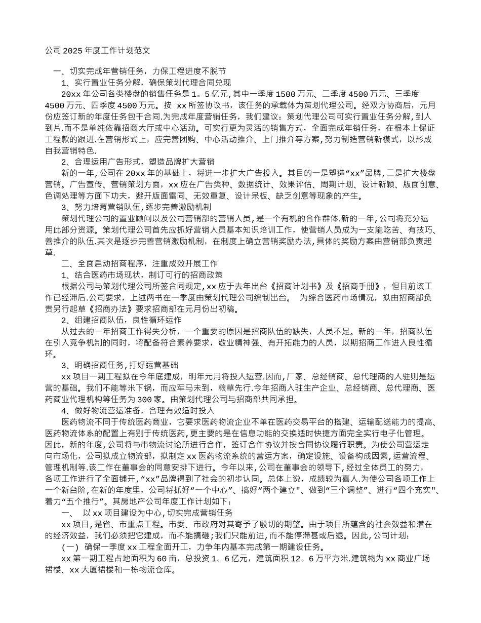 公司2025年度工作计划范文_第1页