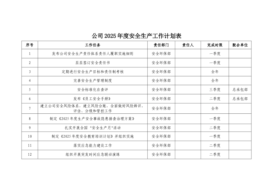 公司2025年度安全生产工作计划表_第1页