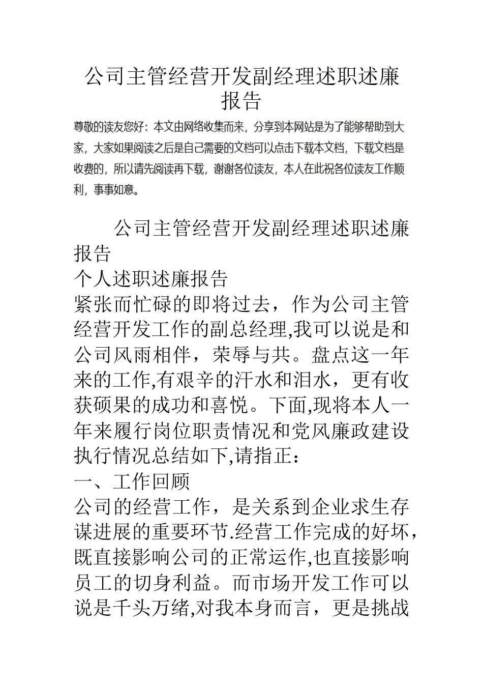 公司主管经营开发副经理述职述廉报告_第1页