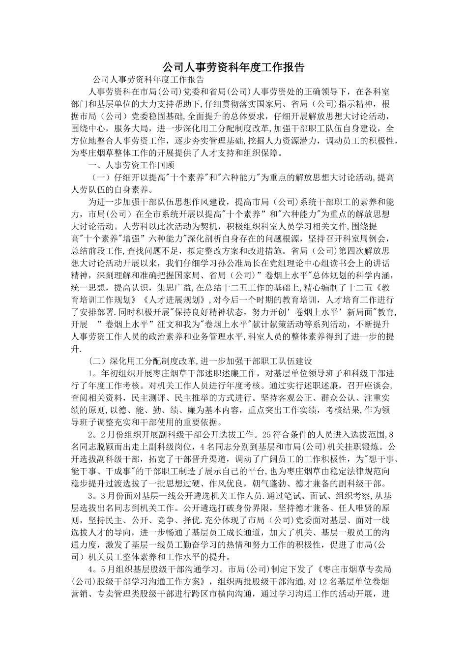 公司人事劳资科年度工作报告DOC_第1页