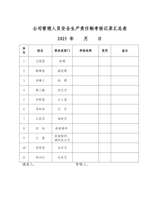公司人员安全生产责任制考核记录汇总表02029