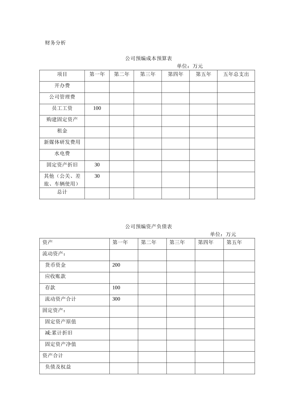 公司创业成本预算表模板_第1页
