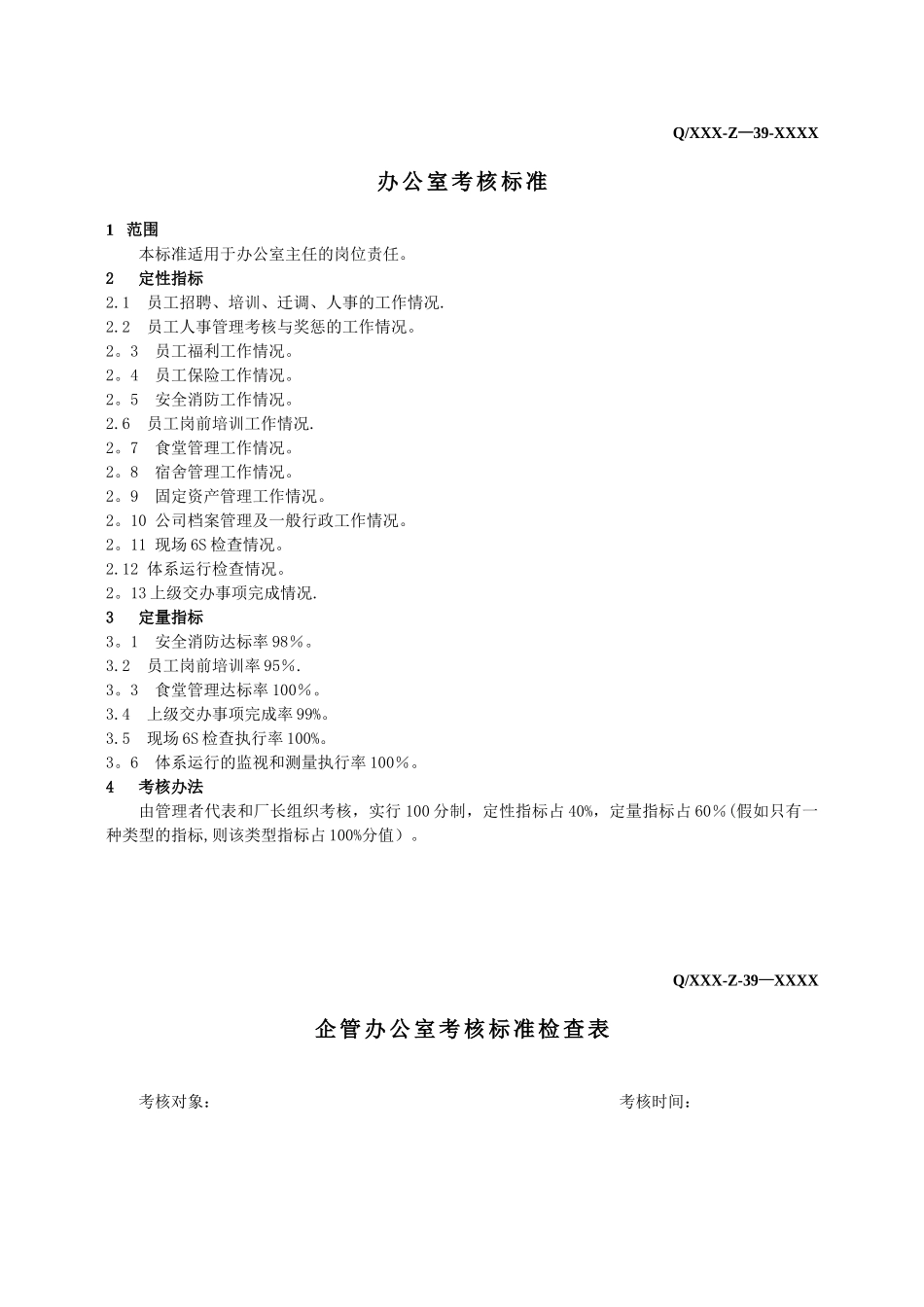 公司各部门考核标准及考核检查表_第1页