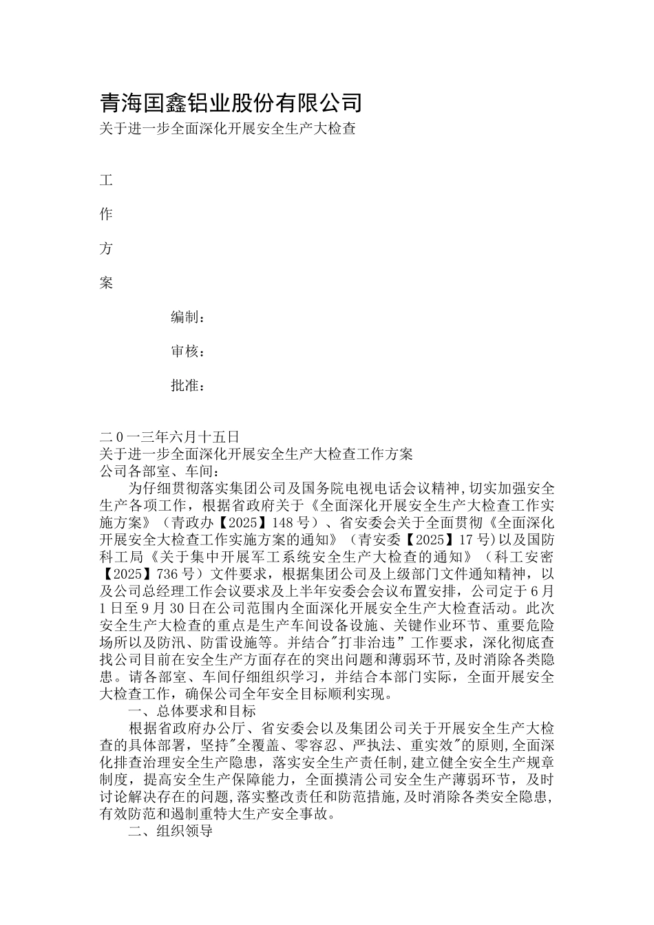 公司安全检查工作方案_第1页