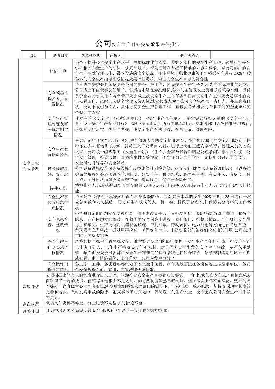 公司安全生产目标完成效果评估报告_第1页