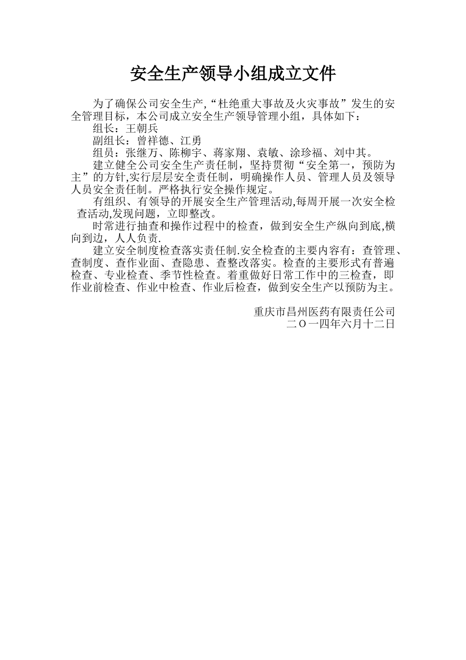 公司安全生产领导小组成立文件_第1页
