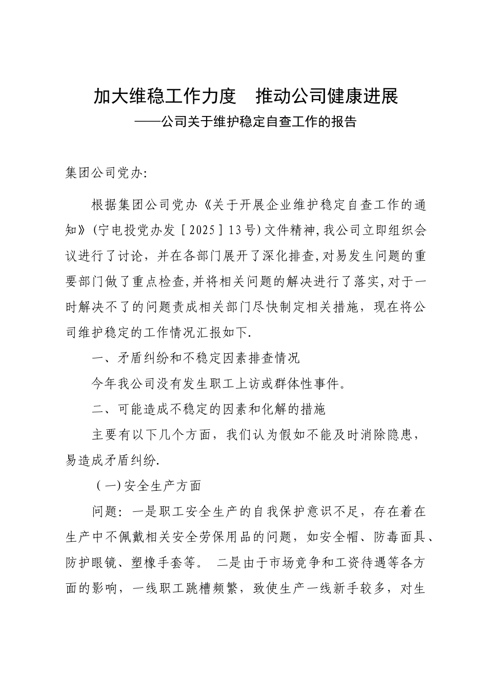 公司安全维稳自查报告2_第1页