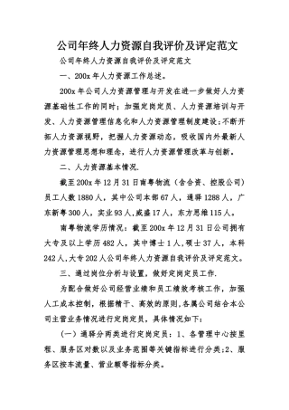 公司年终人力资源自我评价及评定范文