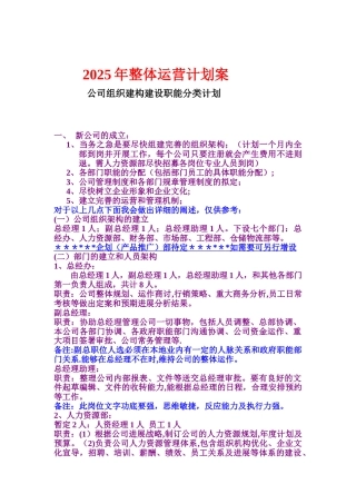 公司整体运营计划及公司组织架构职责分类分析