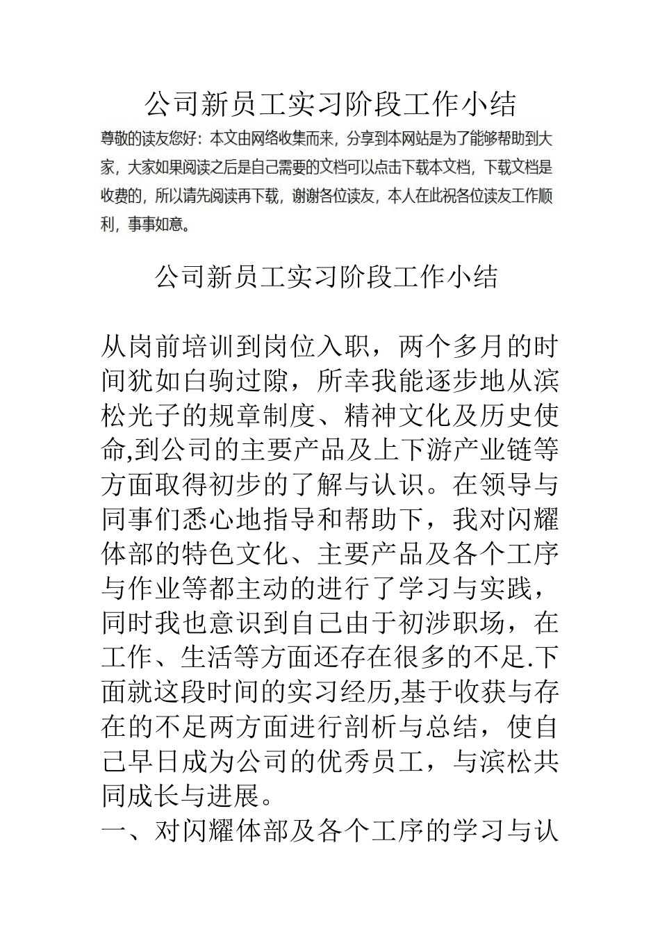 公司新员工实习阶段工作小结_第1页