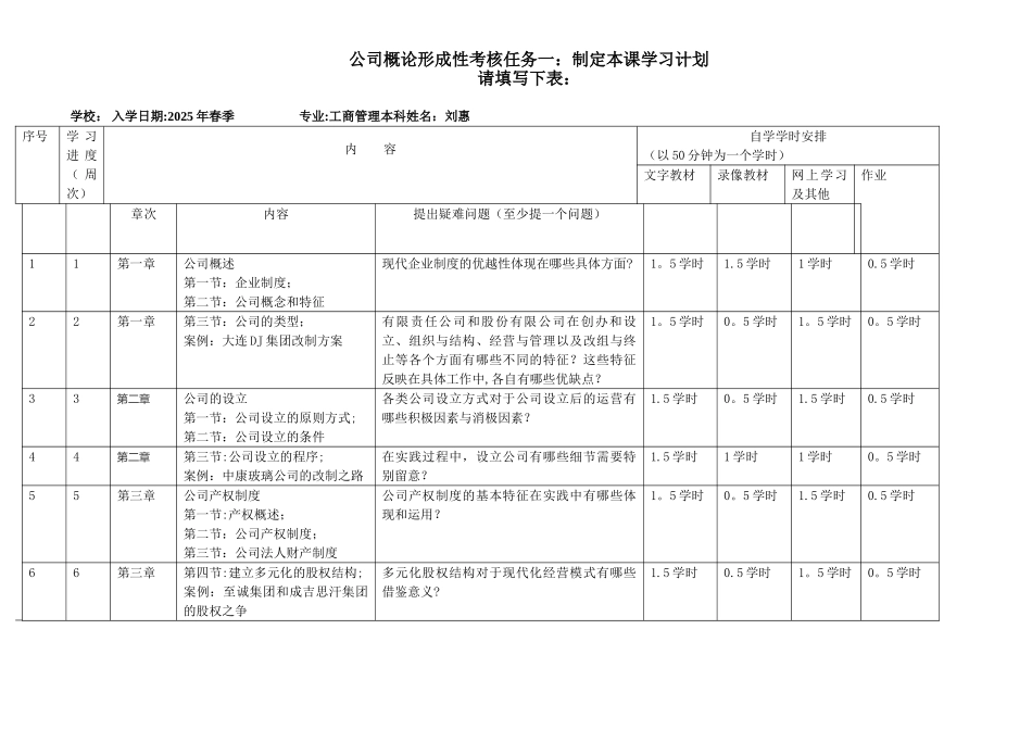 公司概论形成性考核任务一：制定本课学习计划_第1页