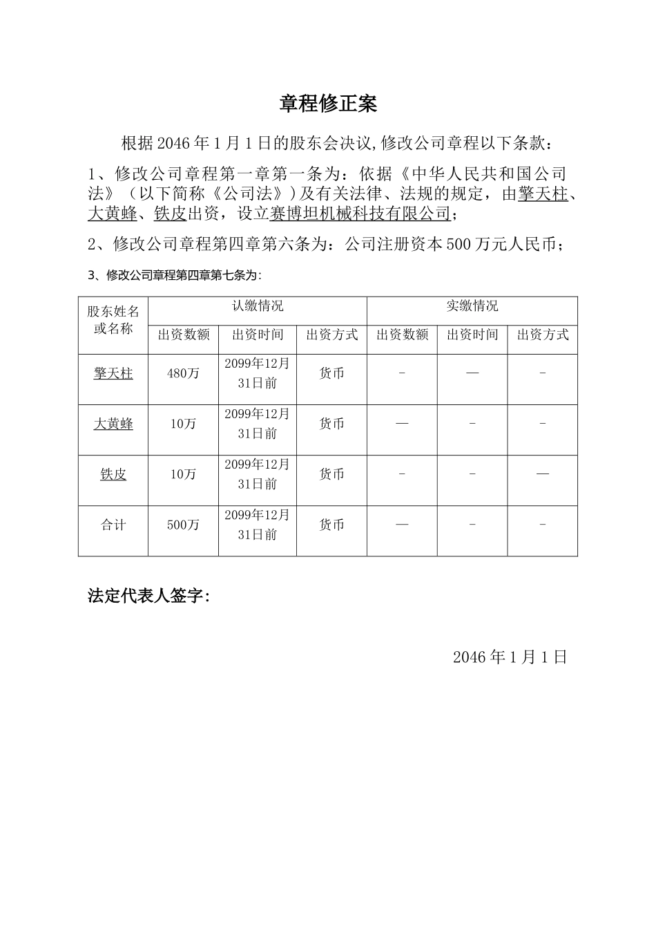 公司注册资本变更章程修正案_第1页