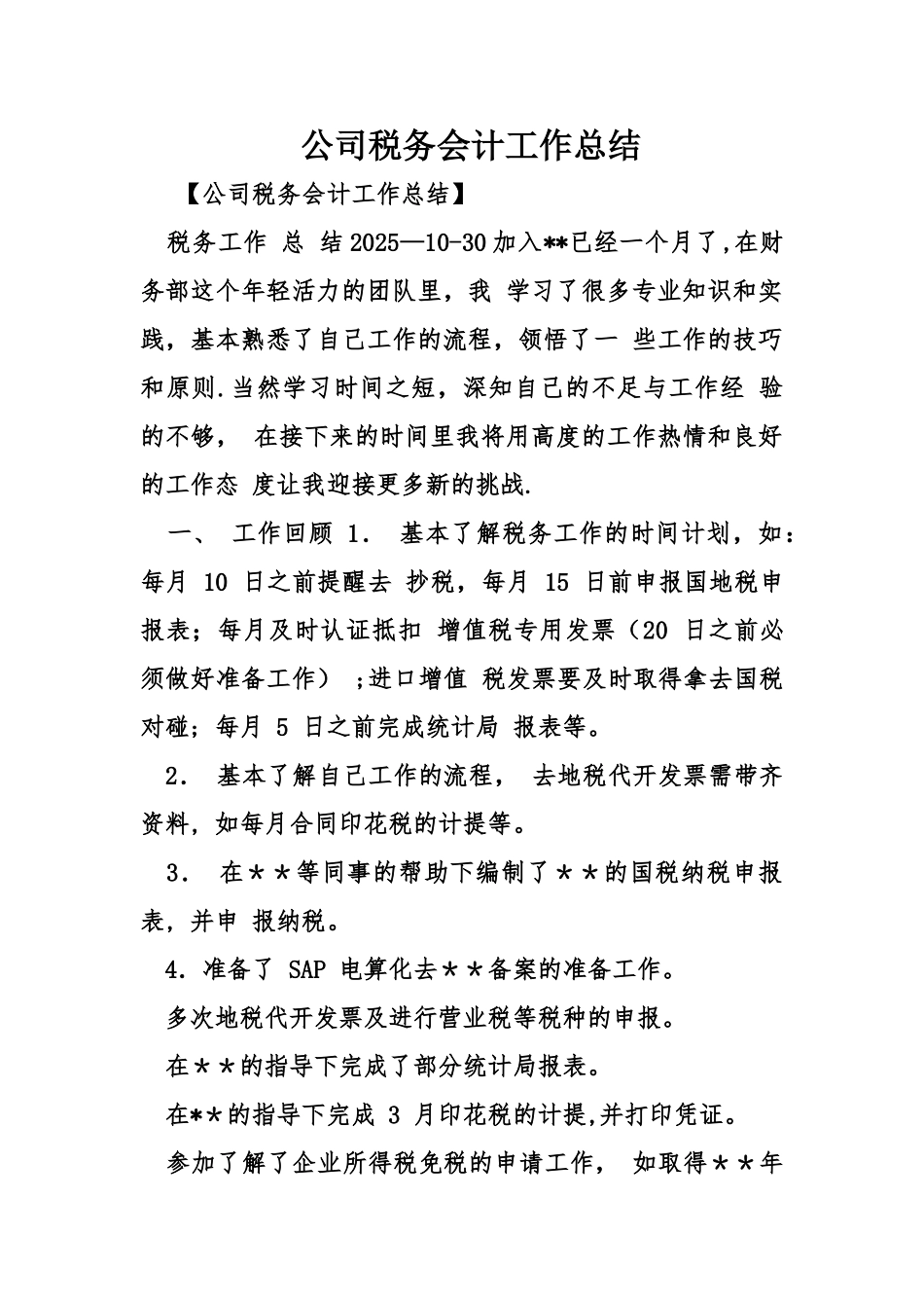 公司税务会计工作总结_第1页