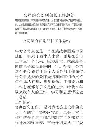 公司综合部副部长工作总结