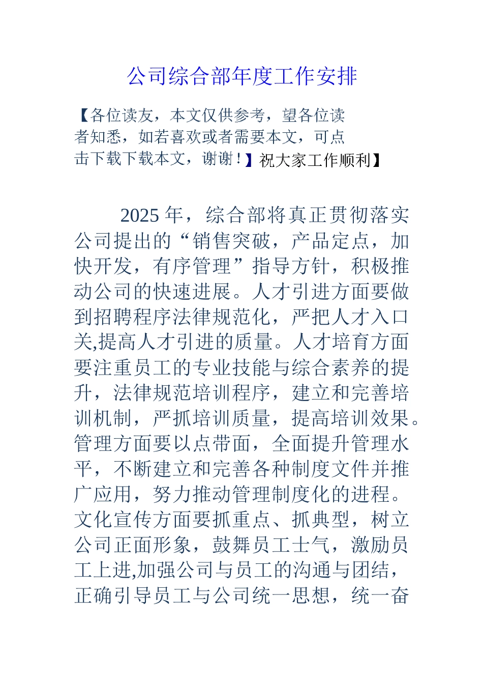 公司综合部年度工作安排_第1页