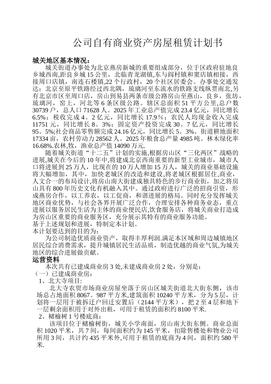 公司自有商业资产房屋租赁计划书_第1页