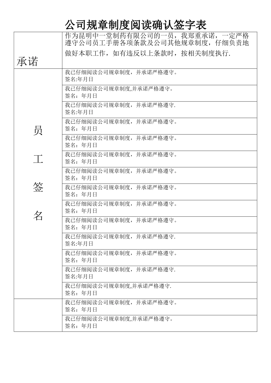 公司规章制度阅读确认签字表_第1页