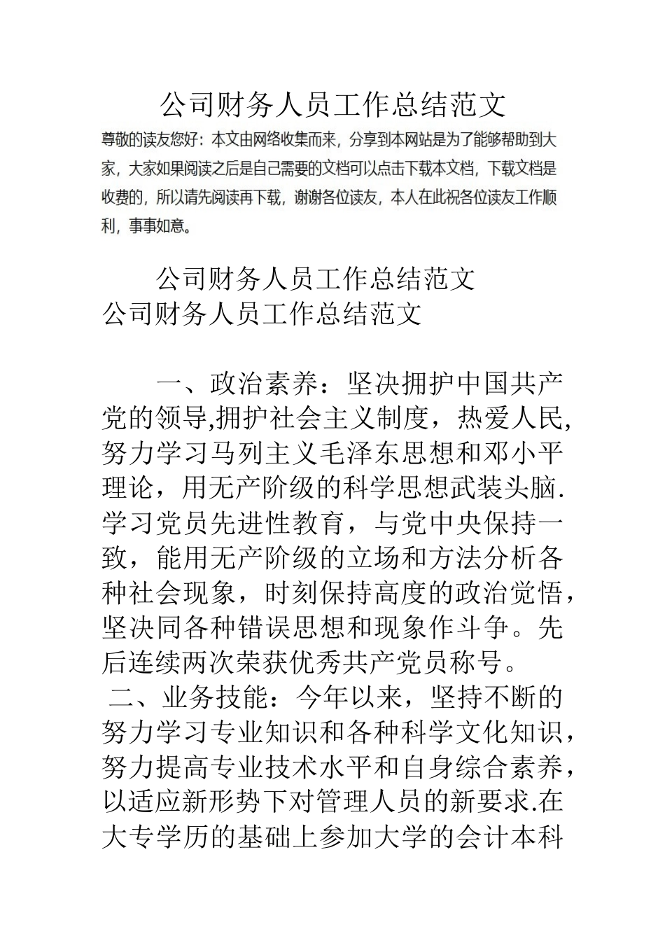 公司财务人员工作总结范文_第1页