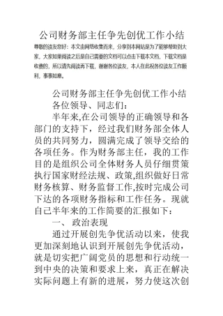 公司财务部主任争先创优工作小结