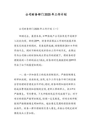 公司财务部门2025年工作计划-精选范文