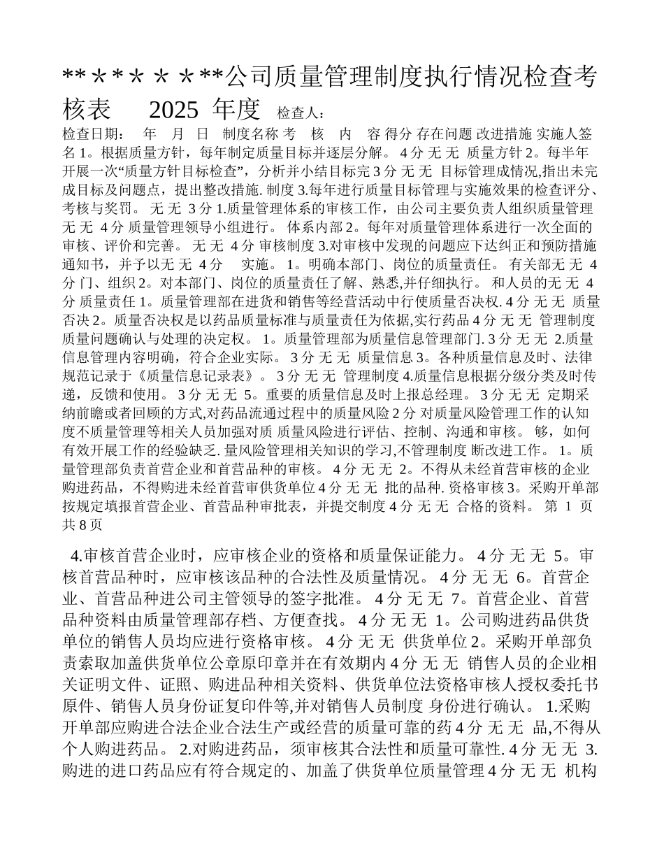 公司质量管理制度执行情况检查考核表_第1页