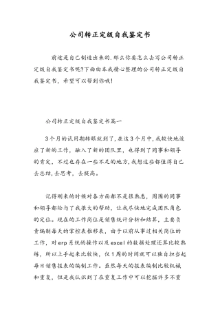 公司转正定级自我鉴定书-精选范文